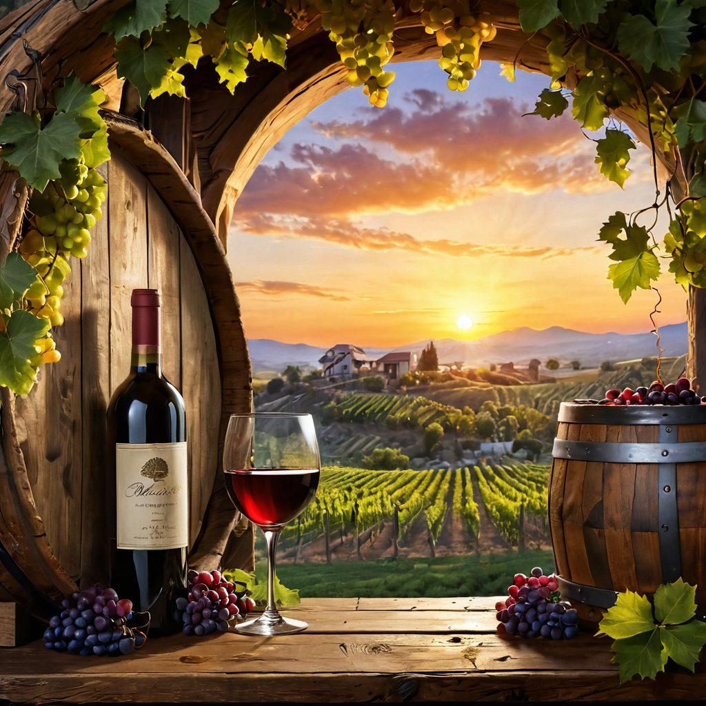 An elegant vineyard landscape at sunset, showcasing lush grapes hanging from vines, a rustic wooden wine barrel in the foreground, and a glass of organic wine being poured gently. Include a soft sunlight glow illuminating the scene, conveying a sense of natural beauty and craftsmanship. This illustration should evoke a warm, inviting feel, inviting readers to explore the artistry of wine-making. super-realistic. vibrant colors.