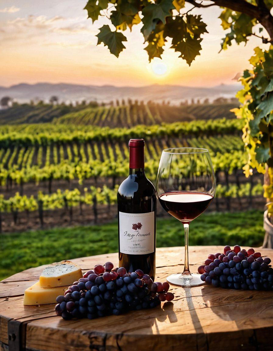 A serene vineyard at sunset, with rows of lush grapevines leading towards a rustic wooden wine barrel. In the foreground, a glass of premium red wine catches the light, with a backdrop of a long table set for a tasting, adorned with elegant wine glasses and delicious cheese platters. Soft bokeh effects highlight the richness of the scene, inviting viewers to indulge in the luxury of wine tasting. super-realistic. vibrant colors. warm tones.