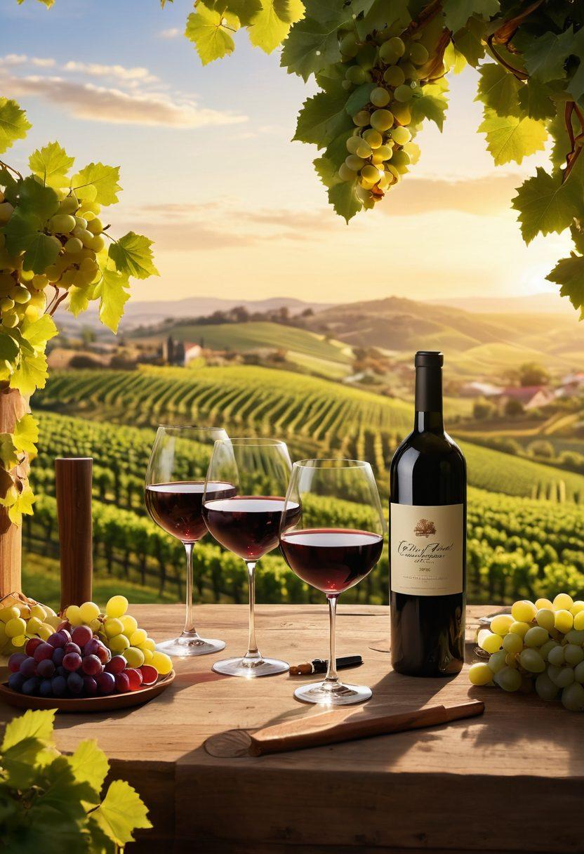 A vibrant vineyard scene during sunset, showcasing lush grapevines heavy with ripe grapes, intertwined with a modern tasting room filled with elegant wine glasses and bottles. Include a group of diverse people laughing and enjoying a wine tasting experience, with a backdrop of rolling hills. Highlight a stylish wine subscription box open with premium wines and tasting notes spilling out. super-realistic. vibrant colors. atmospheric lighting.